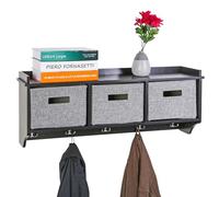 Taylor & Brown Black Wooden Wall Mounted 5 Hook Coat Rack Display Storage Unit Shelf Modern Hallway Organiser Hooks Stand Hat with 3 Fabric Baskets - W90 x D20 x H34cm