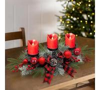 Taylor & Brown Christmas Table Decoration Tea Light Candle Holder Tealight Jar Three Section Festive Pinecones, Ornaments & Ribbon Centrepiece Décor Xmas Table Decorations (Classic Red)