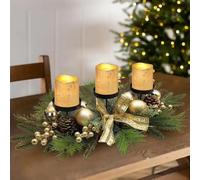 Taylor & Brown Christmas Table Decoration Tea Light Candle Holder Tealight Jar Three Section Festive Pinecones, Ornaments & Ribbon Centrepiece Décor Xmas Table Decorations (Gold Elegance)