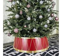 Taylor & Brown Drum Style Christmas Tree Skirt with Gold Cord White Stars 65cm, Tree Base Cover Collar Basket Decoration - Fits Tree Stands or Bases up to 54cm (Red and Gold)