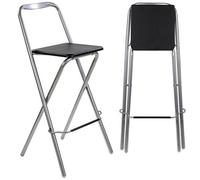 Taylor & Brown Folding Bar Stool - Wooden Effect Seat With Footrest, Silver Frame, Foldable Kitchen & Restaurant Seating (Black)