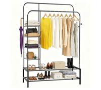 Taylor & Brown Heavy Duty Clothes Rail, Black Metal Rack With Double Hanging Clothing Rail, Shoe Rack, Storage Shelves & 4 Coat Hooks, Wardrobe Clothes Rails For Bedroom Office Shop