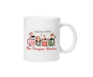 Taylor Brown I run on coffee and vampire, christmas damon salvatore stefan xmas festivey mug drinking cup tea and coffee cups cute mug aesthetic fun funny pretty