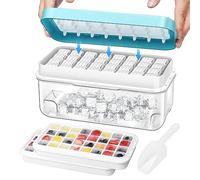 Taylor & Brown Ice Trays for Freezer with Lid & Bin, Ice Cubes Tray Making 64 pcs, Easy Press to Release with Storage Bin Chilling Cocktail Whiskey Coffee 2 Trays 1 Ice Bucket & Scoop (Blue)
