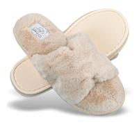 Taylor & Brown Ladies Women's Slip On Furry Faux Fur Peep Toe Mule Slippers - Soft Plush Fluffy Slip-On House Shoes with Warm Cosy Lining & Anti-Skid Sole for Indoor & Outdoor Comfort, Beige