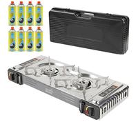 Taylor & Brown Black Portable Dual Burner Camping Stove with 8 Butane Gas | EN417 Compliant Premium Camping Stove Gas Portable | with Automatic Ignition & Heat Control