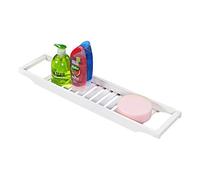 Taylor & Brown Premium 100% Natural Bamboo Bath Caddy Bridge Slim Wooden Bathtub Bathroom Over the Tub Shelf Tidy Storage Tray Rack Holder Organiser, White