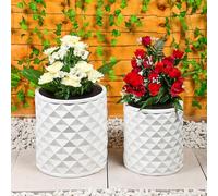 Taylor & Brown Set of 2 Large Handmade Round Plant Pots 31/26cm MgO Modern Flower Planter Pot Garden Decoration Indoor/Outdoor Planters with Geometric Texture Design and Drainage Holes (White Diamond)