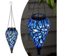 Taylor & Brown Solar Hanging Lantern - Decorative Handblown Plastic Teardrop Hanging Lantern Light with 15 LED Lights for Outdoor, Garden, Patio, Yard, Pathway (Blue)