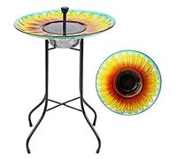 Taylor & Brown Solar Powered Glass Bird Bath Fountain Pond Décor Metal Stand Hand Painted Sunflower Outdoor Garden Decoration 16 inch Birdbath Water Feature