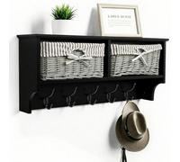 Taylor & Brown Wall Mounted Coat Hooks And Shelf, 5 Double Coat Hooks, 2 Storage Baskets, Black Mdf Wooden Shelf Wall Storage Unit
