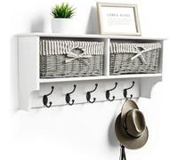 Taylor & Brown Wall Mounted Coat Hooks And Shelf, 5 Double Coat Hooks, 2 Storage Baskets, White Mdf Wooden Shelf Wall Storage Unit