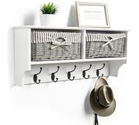 Taylor & Brown Wall Mounted Coat Rack - White Shelf with 2 Grey Wicker Baskets & 5 Double Hooks - Hallway Storage & Entryway Organiser for Coats, Bags & Scarves