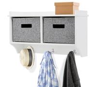 Taylor & Brown White Wooden Wall Mounted 3 Hook Coat Rack Display Storage Unit Shelf Modern Hallway Organiser Hooks Stand Hat with 2 Fabric Baskets - W60 x D20 x H34cm