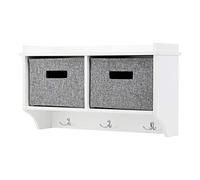 Taylor & Brown White Wooden Wall Mounted 3 Hook Coat Rack Display Storage Unit Shelf Modern Hallway Organiser Hooks Stand Hat with 2 Fabric Baskets - W60 x D20 x H34cm