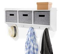 Taylor & Brown White Wooden Wall Mounted 5 Hook Coat Rack Display Storage Unit Shelf Modern Hallway Organiser Hooks Stand Hat with 3 Fabric Baskets - W90 x D20 x H34cm