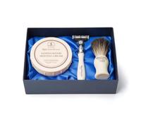 Taylor of Old Bond Street luxury satin Shaving Set Gift Box featuring a pure badger shaving brush, Victorian design 3-blade razor compatible with Mach3 cartridges & Sandalwood shaving cream bowl
