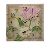 Taylor Precision Products 14" x 14" Poly Resin Beachwood Flower Clock with Thermometer, One Size, Multicolored