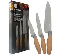 Taylors Eye Witness 3pc Beech Look Presentation Knife Set - Brooklyn Anti-Bacterial Non Stick Blue Coated Blades. 9cm Paring, 13cm All-Purpose & 16cm Oriental Santoku Chefs Knife. Soft Touch Handles.