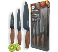 Taylors Eye Witness 3pc Walnut Look Presentation Knife Set - Brooklyn Anti-Bacterial Non Stick Blue Coated Blades. 9cm Paring, 13cm All-Purpose & 16cm Oriental Santoku Chefs Knife. Soft Touch Handles.