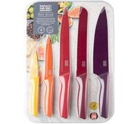 Taylors Eye Witness 5pc Coloured Kitchen Knife Set - Easy Clean, Non Stick Precision Ground Blades. Yellow Paring, Orange All-Purpose, Purple Chefs, Maroon Serrated Bread & Red Carving Knife