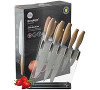 Taylors Eye Witness 6pce Kitchen Knife Block Set - 5 Knives Sat in an Acrylic Holder. Paring, All Purpose Veg, Carving, Bread & Chef’s Knives. Soft Touch Beech Wood Effect Handles. 2 Year Guarantee