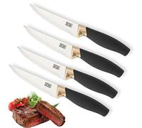 Taylors Eye Witness Brooklyn Brass Serrated Steak Knife Set - 4 PCE. Scalloped Edge, Hollow Ground, Polished Mat, Stainless Steel Blade. Brass Coloured Bolster. Soft Grip Handle. 2 Year Guarantee.