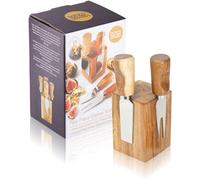 Taylors Eye Witness Cheese Knives - 4-Piece Cheese Knife Set with Natural Brown Rounded Solid Acacia Wood Handles Offering Comfortable Secure Grip. with Magnetic Storage Block.
