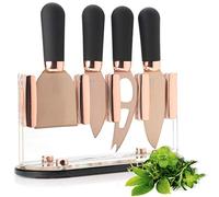 Taylors Eye Witness Cheese Knives & Stand [Rose Gold] - Brooklyn Transparent Acrylic Holder & 4-Piece Knife Set. Hard Titanium-Plated, Super Sharp Blades. Soft Grip Handles. 2 Year Guarantee.