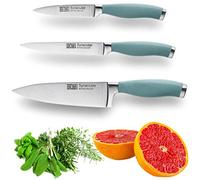 Taylors Eye Witness Syracuse Kitchen Knife 3pce Set - Paring 8cm/3.5”, Chefs 15cm/6” & Cooks All Purpose 13cm/5” Cutting Edge. Ultra Fine, Razor Sharp Blade. Soft Textured Grip Aqua Blue Handle