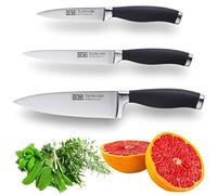 Taylors Eye Witness Syracuse Kitchen Knife 3pce Set - Paring 9cm/3.5”, Chefs 15cm/6” & Cooks All Purpose 13cm/5” Cutting Edge. Ultra Fine, Razor Sharp Blade. Soft Textured Grip Matte Black Handle.