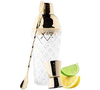 Taylor's Eye Witness Taproom 3pcs Gold Coloured Stainless-Steel & Glass Debossed Pattern Cocktail Shaker Set - Includes 400ml (14fl oz) Metal Cobbler Shaker, 25ml/40ml Double Jigger & Mixing Spoon.