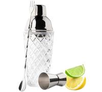 Taylor's Eye Witness Taproom 3pcs Silver Stainless-Steel & Glass Debossed Pattern Cocktail Shaker Set - Includes 400ml (14fl oz) Metal Cobbler Shaker, 25ml/40ml Double Jigger & Mixing Spoon.