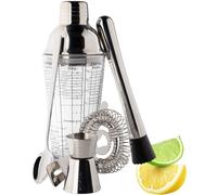 Taylor's Eye Witness Taproom 3pcs Silver Stainless-Steel & Glass Recipe Cocktail Shaker Set - Includes 400ml (14fl oz) Metal Cobbler Shaker, 25ml/40ml Double Jigger & Muddler.