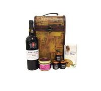 Taylor's Late Bottled Port 75cl with Nibbles Food Hamper Presented in a Vintage Style Wooden Wine Box Carrier