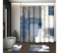 Tayney Blue Grey White Abstract Shower Curtain Set with Toilet Lid Cover and Non-Slip Rugs for Bathroom, Modern Painting Art 4 Pcs Shower Curtain, Vintage Bathroom Set with 12 Hooks