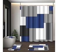 Tayney Navy Blue Geometric Shower Curtain Set with Toilet Lid Cover and Non-Slip Rugs for Bathroom, Black White Grey Checkered 4 Pcs Shower Curtain, Modern Abstract Bathroom Set with 12 Hooks