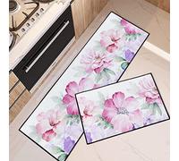 Tayney Pink Floral Kitchen Rugs and Mats Non Skid Washable Set of 2, Purple Rose Bloom Kitchen Mats for Floor, Flowers Bouquet Kitchen Runner Rug, Spring Kitchen Decor