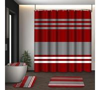 Tayney Red Burgundy Stripes Shower Curtain Set with Toilet Lid Cover and Non-Slip Rugs for Bathroom, Modern Grey Lines 4 Pcs Shower Curtain, Vintage Abstract Beautiful Bathroom Set with 12 Hooks
