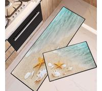 Tayney Summer Beach Kitchen Rugs and Mats Non Skid Washable Set of 2, Seashore Starfish Shell Mats for Floor, Tropical Beach Runner Rug, Summer Kitchen Decor