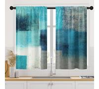 Tayney Turquoise Grey Painting Kitchen Curtains 45 Inch Length Teal Gray Window Short Tier Curtains Over Sink Set of 2, Contemporary Abstract Kitchen Decor 34x45 Inch
