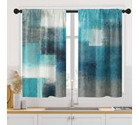 Tayney Turquoise Grey Painting Kitchen Curtains 45 Inch Length Teal Gray Window Short Tier Curtains Over Sink Set of 2, Contemporary Abstract Kitchen Decor 42x45 Inch