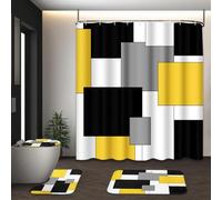 Tayney Yellow Geometric Shower Curtain Set with Toilet Lid Cover and Non-Slip Rugs for Bathroom, Black White Grey Checkered 4 Pcs Shower Curtain, Modern Abstract Bathroom Set with 12 Hooks
