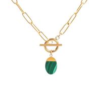 TaYolnFaSo Gold Paperclip Toggle Necklace Pendant for Women Natural Gemstone Pearl Cubic Zirconia Paper Clip Chain Necklace Toggle Paperclip Jewelry Gift for Women, Stainless Steel, natural malachite