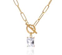 TaYolnFaSo Natural Stone Paperclip Toggle Necklace 18K Gold Plating 8 * 10mm Emerald Cut Birthstone Pendant Paper Clip Chain Necklace Gemstone Crystal Jewelry Gift for Women, Gold Plated, Cubic