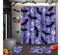 Taysta 4Pc Halloween Sugar Skull Tree Shower Curtain Sets Purple Spooky Horror Non-Slip Bath Rug, Toilet Lid Cover, Bath Mat, Teal Gray Bathroom Decor Curtain with 12 Hooks Waterproof Fabric