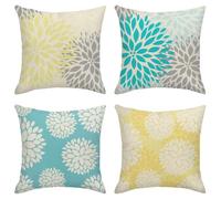 Taysta Decorative Linen Throw Pillow Covers Cases Set of 4 Yellow Gray Pastel Blue Gray Trendy White Floral Teal Turquoise Aqua Blue Lemon Yellow Floral Dahlia Pillow Cover Case 20x20 inches