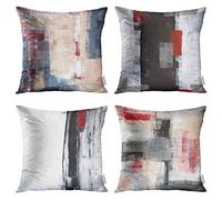 Taysta Set of 4 Decorative Throw Pillow Covers Cases Beige Grey and Red Black and White Abstract Art Painting Modern Home Square Decor Pillow Case Cover Cushion Sofa Size 20x20 Inches Pillowcases