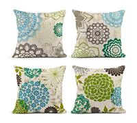 Taysta Set of 4 Linen Throw Pillow Cover Case Sparklers Floral Patterns Decorative Pillow Cases Covers Home Decor Square 18 x 18 Inches Pillowcases