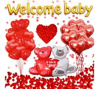 Tayuvira Baby Shower Decorations Kit,Love Welcome Baby Balloons Set For Boy/Girl With Welcome Baby Banner,1000 Pcs Red Rose,Big Love-bear Heart Balloons for Gender Reveal Decorations